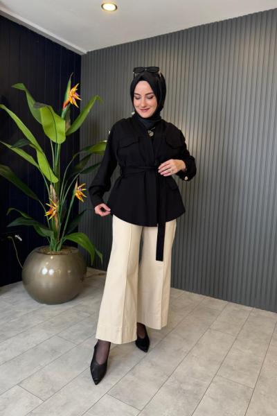 Nervür Detaylı Bol Jean Pantolon Taş Rengi