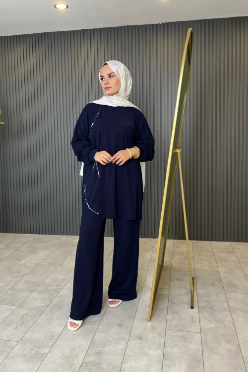 Taş Detaylı Bambu İkili Takım  Lacivert