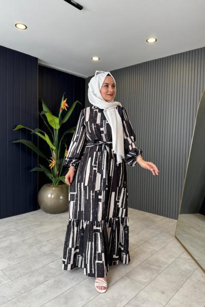 Desenli Keten Elbise Siyah