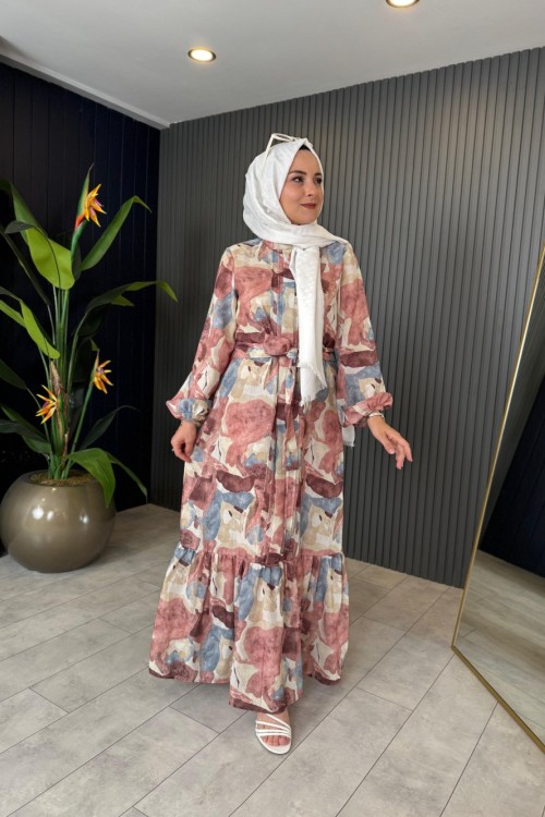 Desenli Keten Elbise Gül