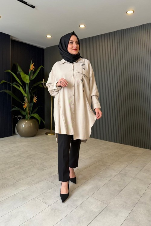 Sol Tarafı Cep Detaylı Tunik Taş Rengi