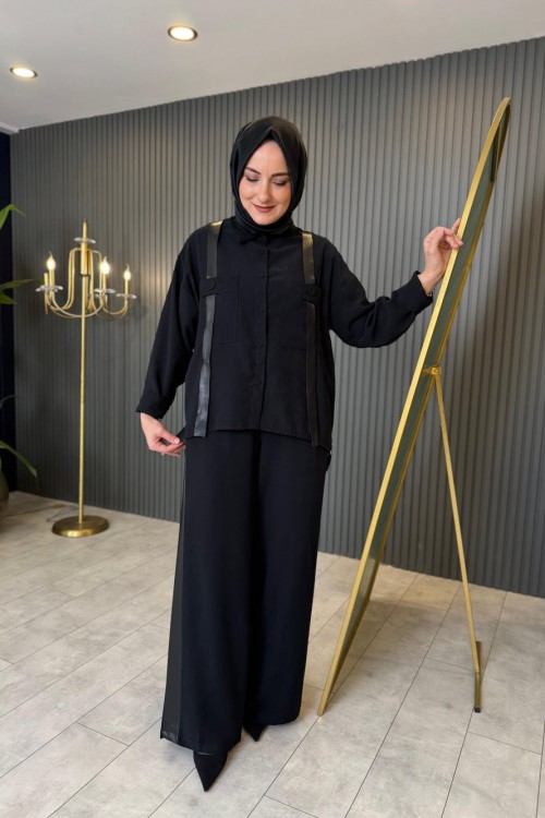 Anjelik Omuzdan Deri Askı Detaylı Tunik Siyah