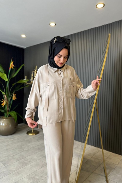 Anjelik Omuzdan Deri Askı Detaylı Tunik Taş Rengi