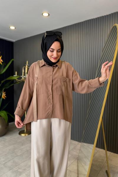 Anjelik Omuzdan Deri Askı Detaylı Tunik Vizon