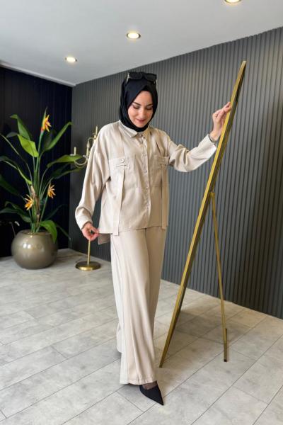 Anjelik Beli Lastikli Yanları Deri Şeritli Pantolon Taş Rengi