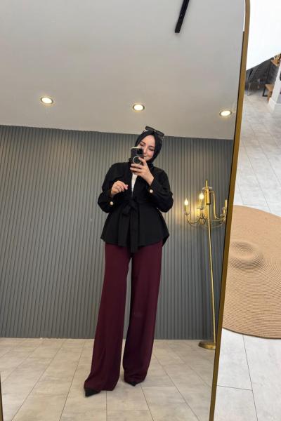 Beli Düz Lastikli Bambu Pantolon Bordo