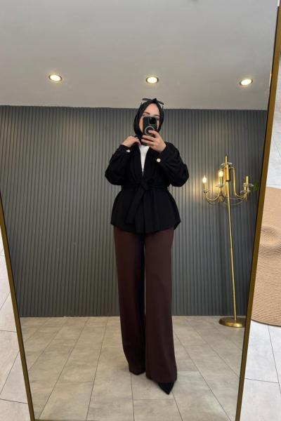 Beli Düz Lastikli Bambu Pantolon Kahverengi