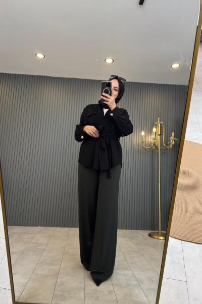 Beli Düz Lastikli Bambu Pantolon Yeşil