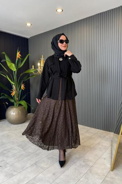 Volanlı Dantel Etek Kahverengi