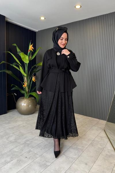 Volanlı Dantel Etek Siyah