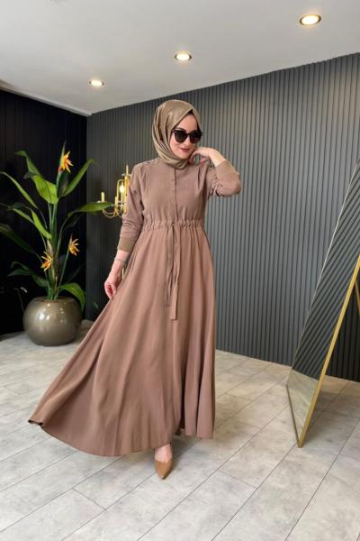 Anjelik Önden Yarım Düğmeli Elbise Vizon