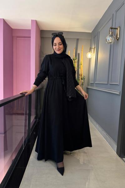 Anjelik Önden Yarım Düğmeli Elbise Siyah