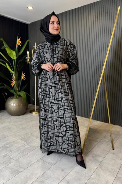 Tül Detaylı Baskılı Triko Elbise Siyah