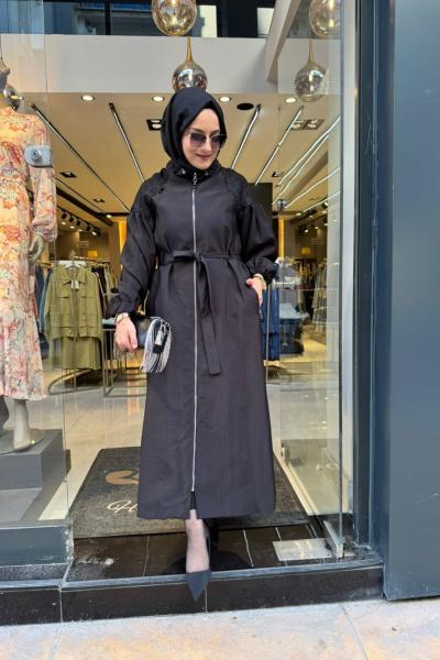 Dantel Detaylı Trençkot Siyah