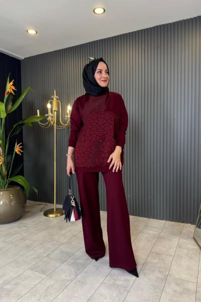 Dantel Detaylı Çelik Örme Takım Bordo