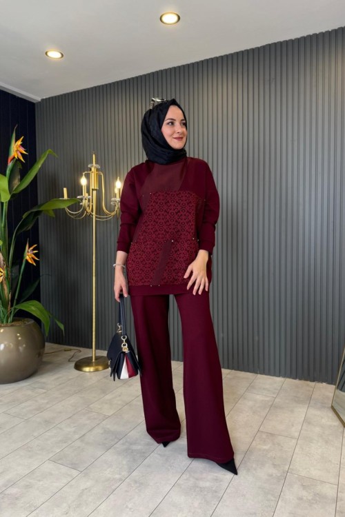 Dantel Detaylı Çelik Örme Takım Bordo