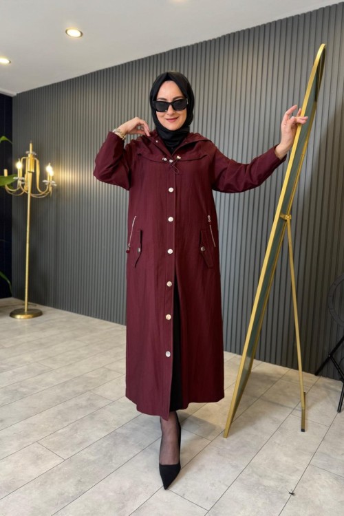 Kapüşonlu Zig Zag Dikişli Trençkot Bordo