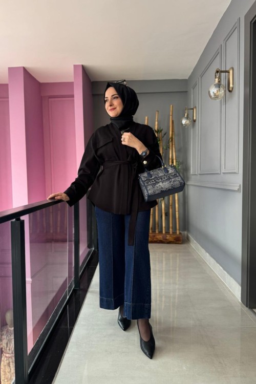 Nervür Detaylı Bol Jean Pantolon Mavi