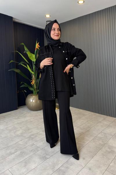 Nervürlü Kemersiz Çelik Pnatolon Siyah