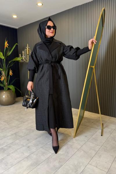 Omuzları Ribana Detaylı Belden Kuşaklı Kap Siyah