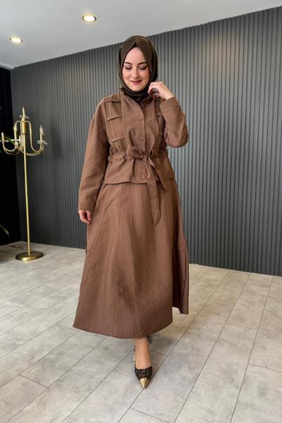 Ceketi Kafes Detaylı Eteğinin Yanları Düğmeli Takım Vizon