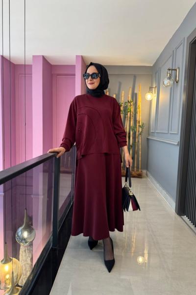 Oval Kesikli Taş İşlemeli Adel Etekli Takım Bordo