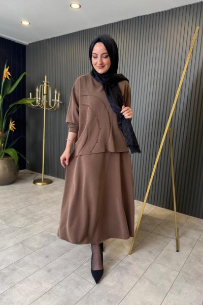 Oval Kesikli Taş İşlemeli Adel Etekli Takım Kahve