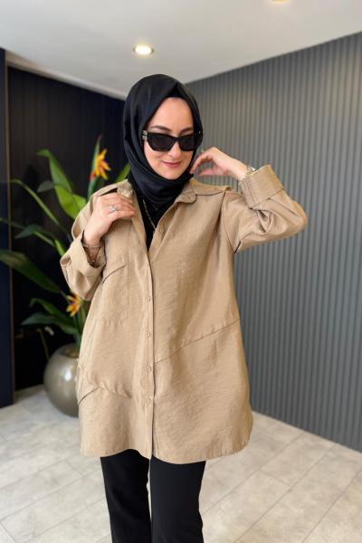 Önden Düğmeli Uzun Cep Detaylı Tunik Bej