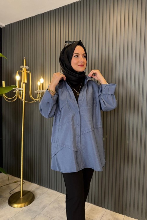 Önden Düğmeli Uzun Cep Detaylı Tunik İndigo Mavi