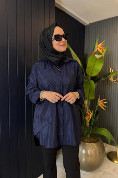 Önden Düğmeli Uzun Cep Detaylı Tunik Lacivert