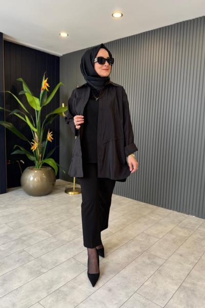 Önden Düğmeli Uzun Cep Detaylı Tunik Siyah