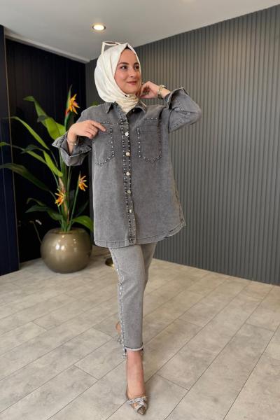 Zımba Baskılı Kot Ceket Antrasit