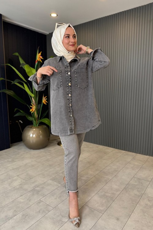 Zımba Baskılı Kot Ceket Antrasit