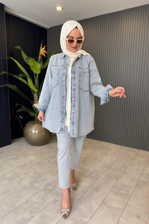 Zımba Baskılı Kot Ceket Mavi