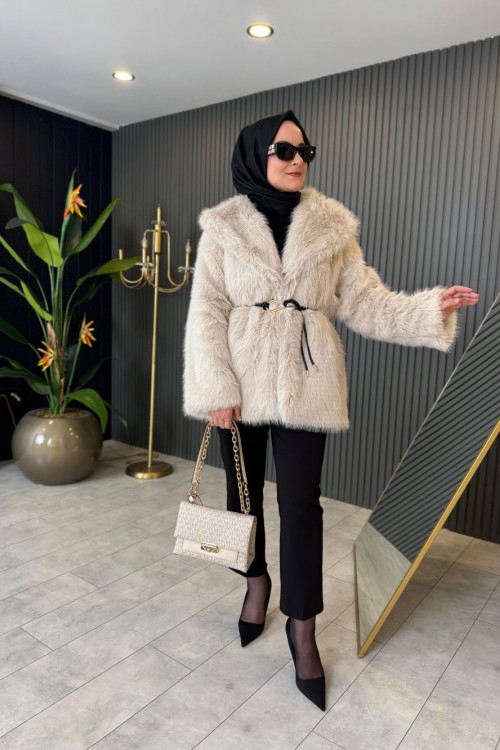 Premium Kürk Kemerli Kaban Bej