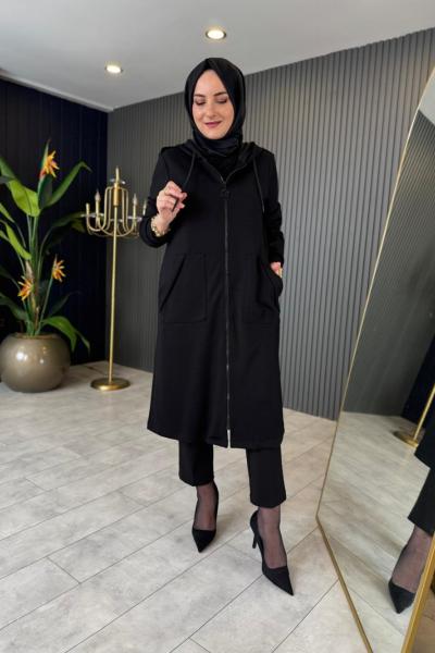 Kapüşonlu Fermuarlı Kap Siyah