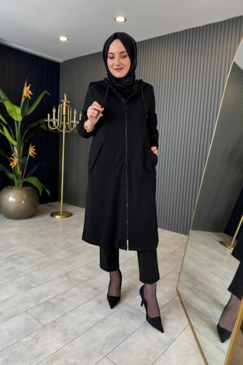 Kapüşonlu Fermuarlı Kap Siyah