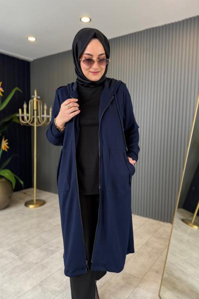 Kapüşonlu Fermuarlı Kap Lacivert