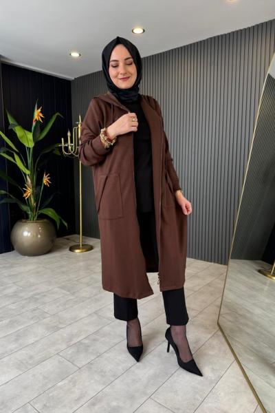 Kapüşonlu Fermuarlı Kap Kahve