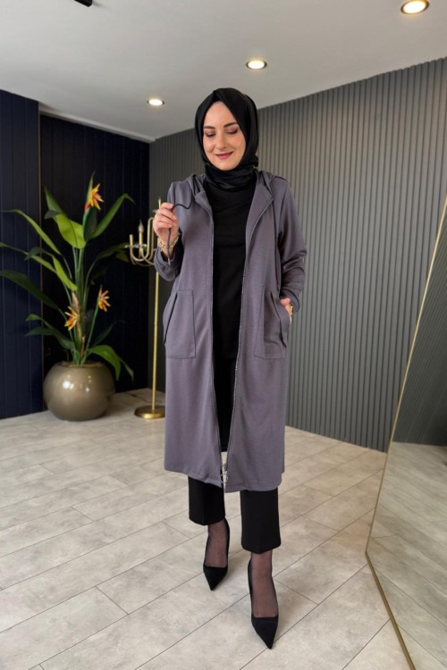 Kapüşonlu Fermuarlı Kap Gri