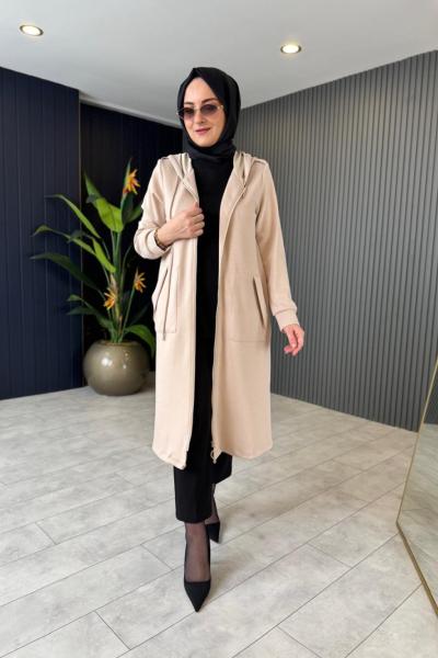 Kapüşonlu Fermuarlı Kap Bej