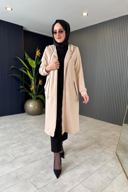 Kapüşonlu Fermuarlı Kap Bej