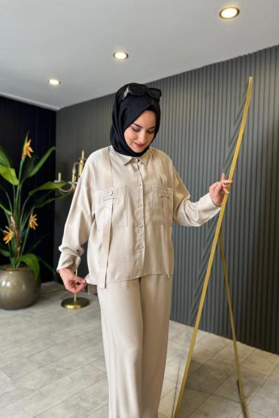 Anjelik Omuzdan Deri Askı Detaylı Tunik Taş Rengi