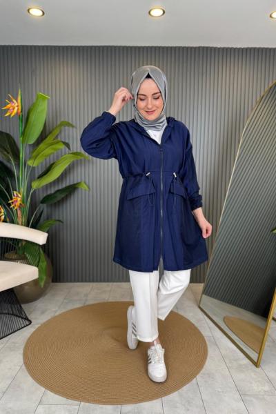 Aura File Detaylı Kapşonlu Kap Lacivert