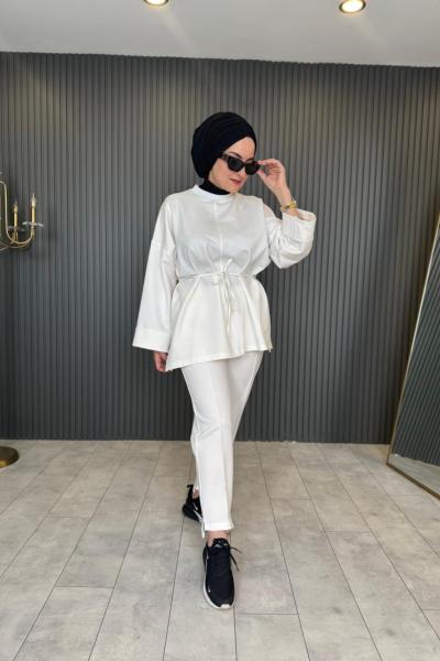 Bağlama Detaylı Basic Tunik Ekru