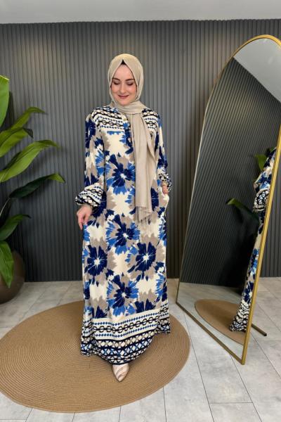 Batik Desenli Cepli Viskon Elbise Mavi