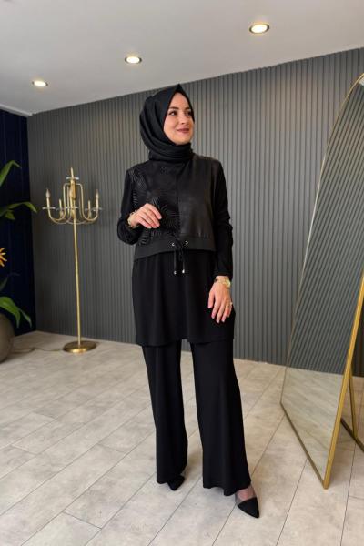 Bel Büzgü Detaylı Pantolon Takım Siyah