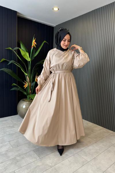 Belden Lastikli Parper Touch Elbise Taş Rengi