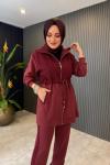 Beli Büzgülü Chanel Garnili Scuba Takım Bordo