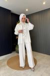 Beli Kemerli Nervürlü Kumaş Pantolon Ekru